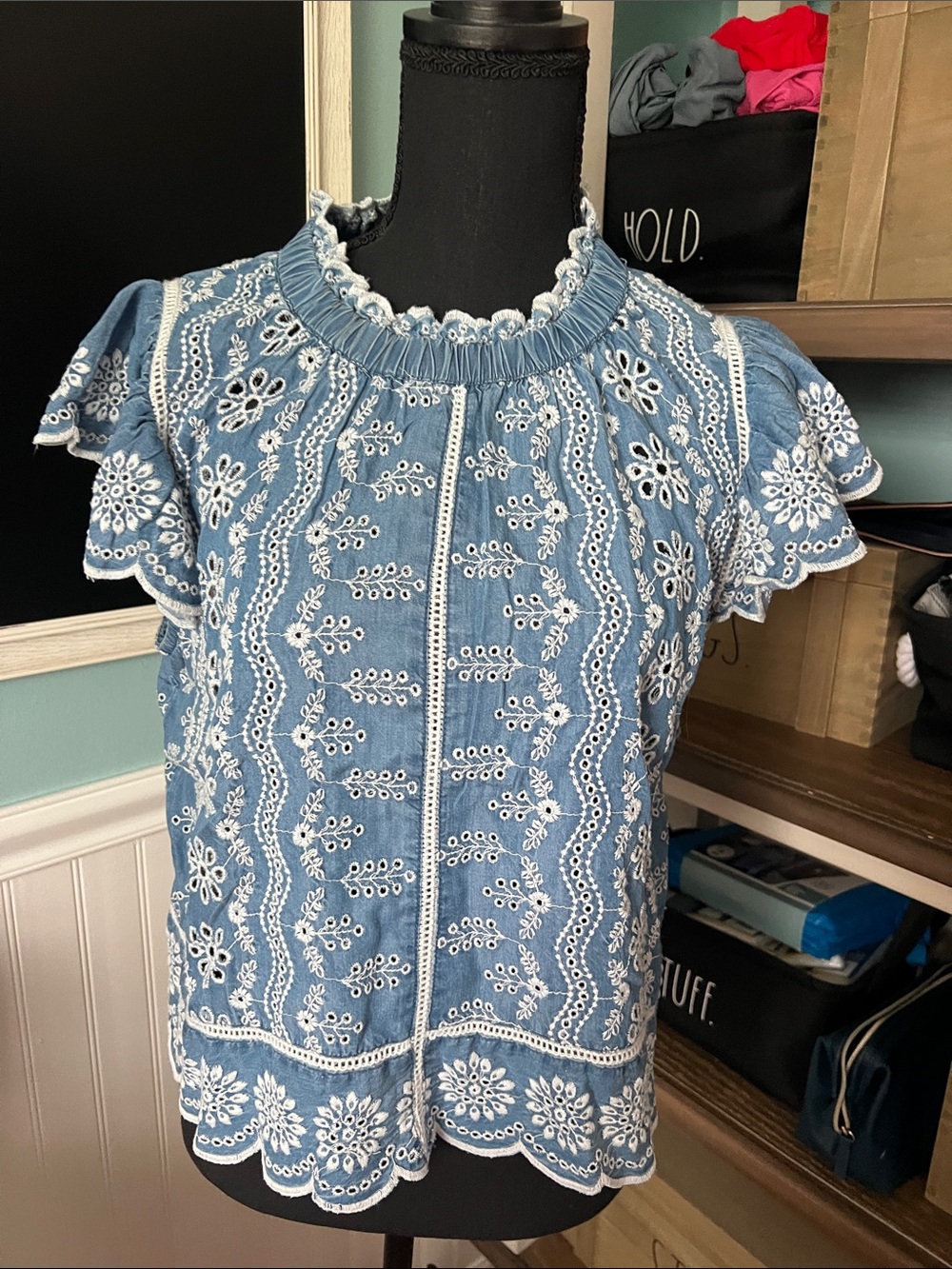 Blue Embroidered Flutter Sleeve Blouse